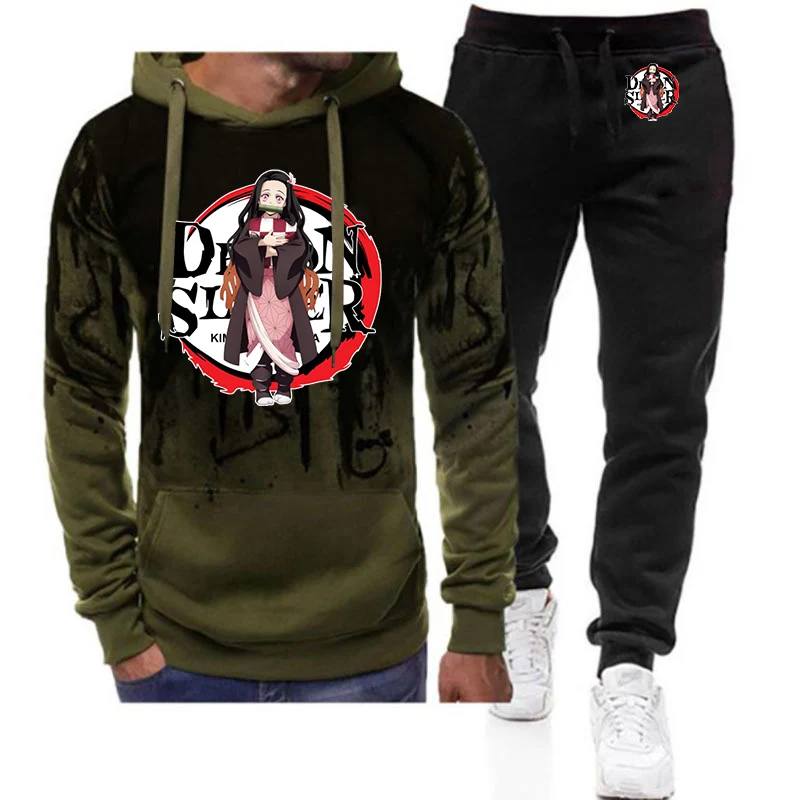 

2026 Spring And Autumn Comfortable Men's High Street Sets Demon Slayer Anime Nezuko Logo Print Fashion Hoodies+Pants Suits