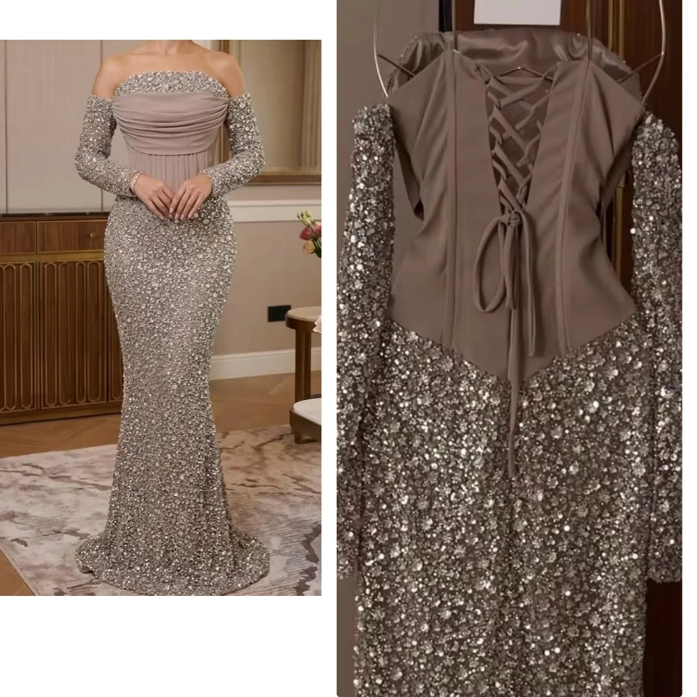 Custom Made Evening Dress Sparkling Prom  Gowns Shining Crystal Party Gowns Long Sleeves Lace-up Back