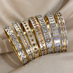 Classic Two-tone Bangle Stainless Steel Wheat/Star/Heart Bracelets Bangles for Women Men Cuff Stackable Waterproof Jewelry