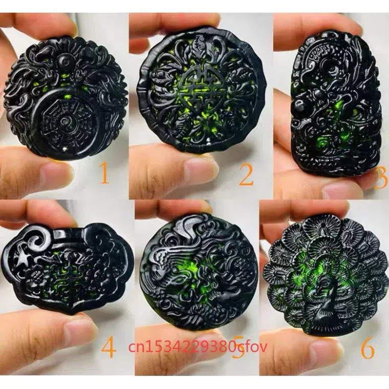 

Chinese Natural Black Green Jade Dragon peacock Pendant Beads Necklace Charm Jewelry Obsidian Carved Amulet Gifts Men Free rope