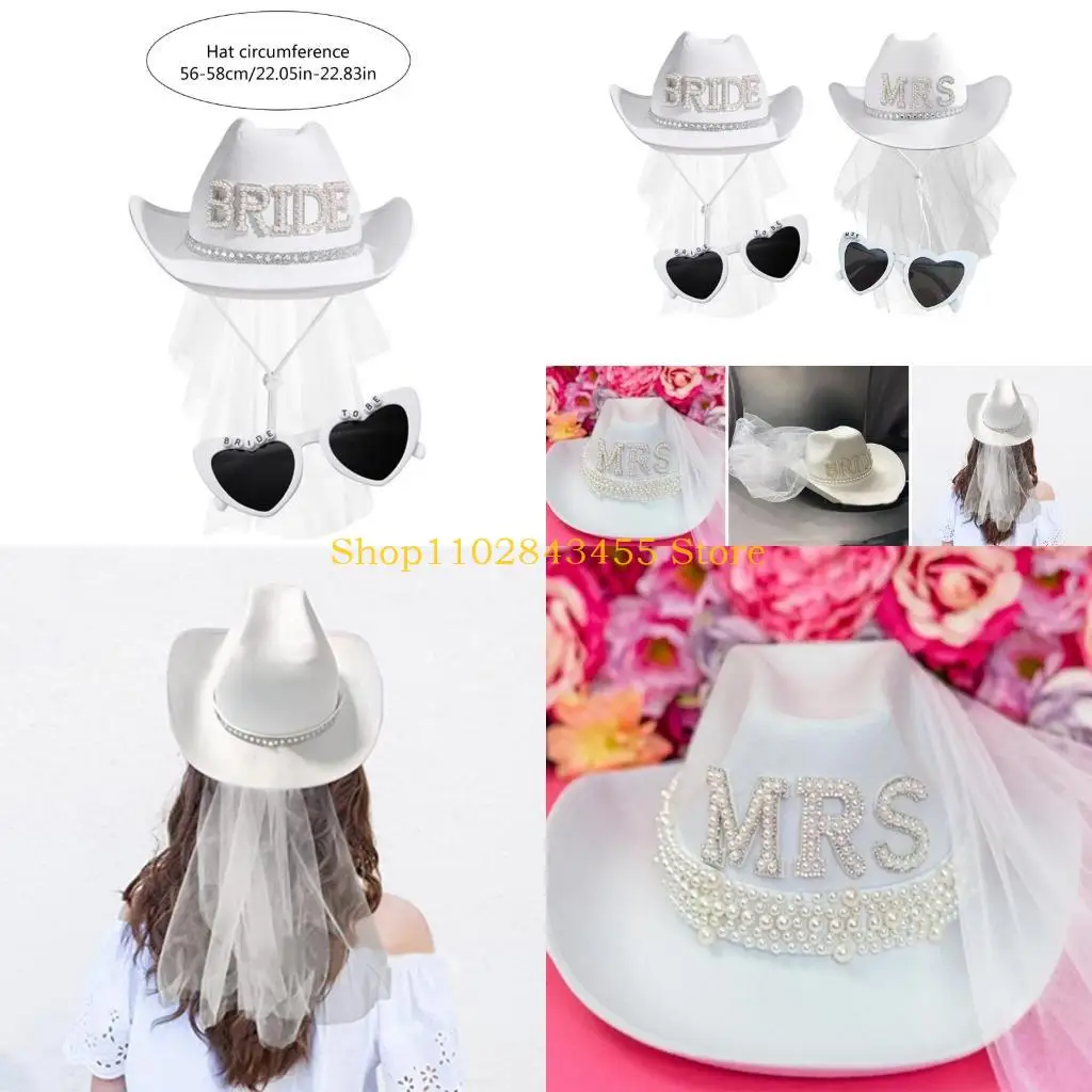 49MC Bride Letter Cowboy Hat Sunglasses Costume Set Women Musical Festival Dress Up Costume Bachelorette Party Props 2PCS