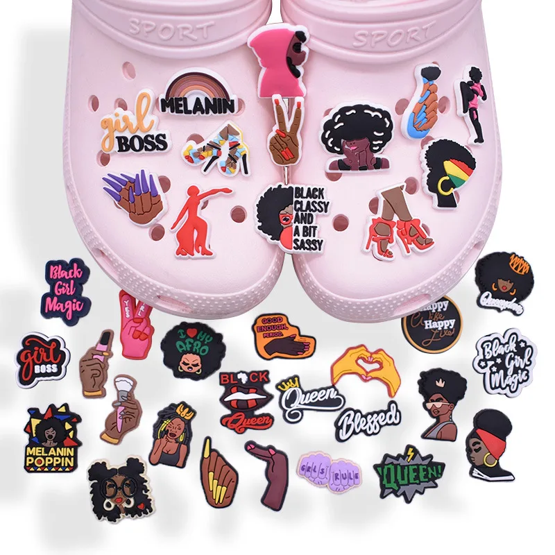 1/36Pcs Melanin Queen Black Fashion Girl Boss PVC Shoe Charms Afro Woman Positive Quote For Slides Sandals Decor DIY Accessories