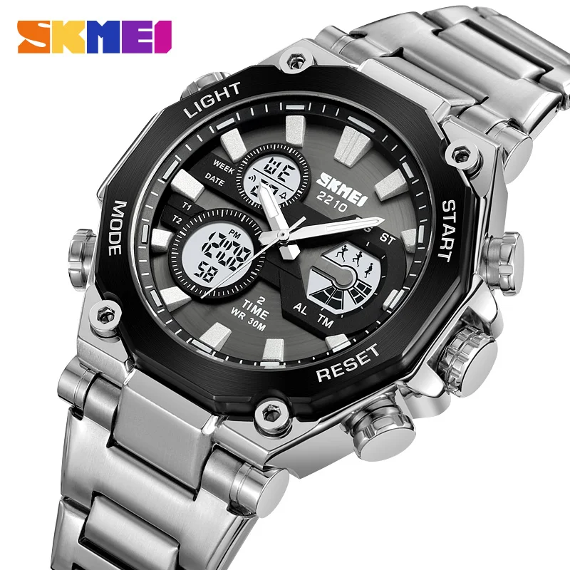 SKMEI Luxury Full Steel Dual Time Back Light Display Digital Wristwatches Mens  Casual Stopwatch Sport Watch Waterproof Alarm