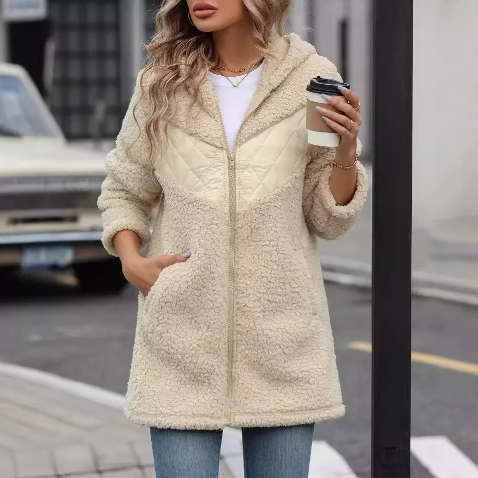 2026 Winter Women's Long Plush Patchwork Hooded Coat Thick Warm Zipper Jacket Soft Teddy Fleece Outerwear Casual Streetwear