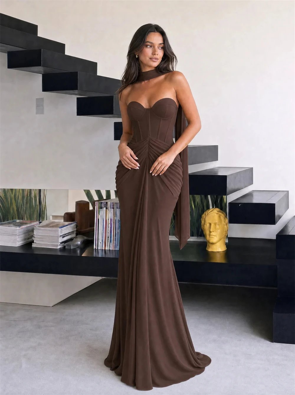 Vestido de Fiesta Personalizado Mila con Escote Corazón y Chal, Vestido de Noche Formal Sirena con Volantes, Largo hasta el Suelo