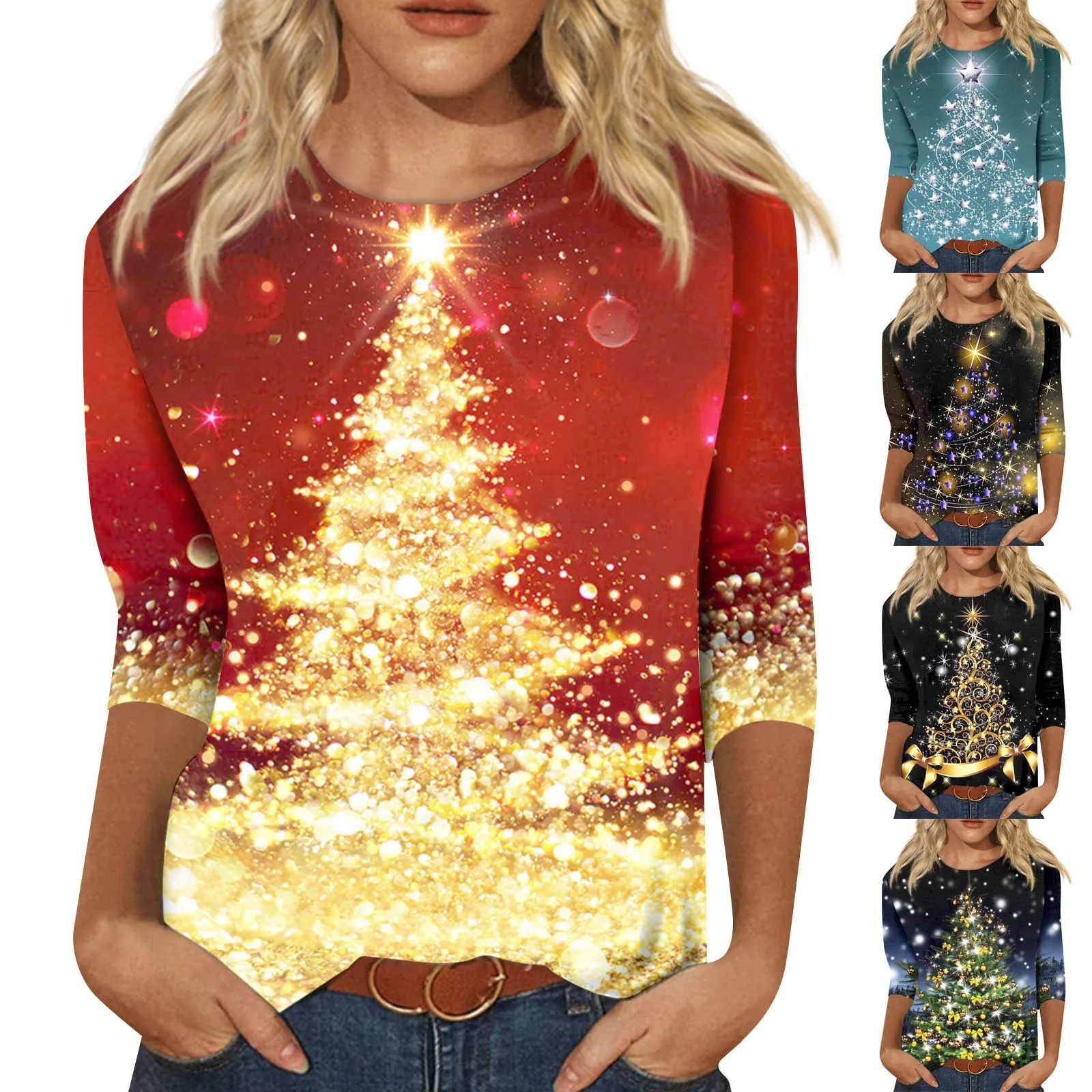 Christmas Pullovers For Women 3d Christmas Tree Print Autumn 3/4 Sleeve Tops Women's Sweatshirts Loose Streetwear Ropa De Mujer