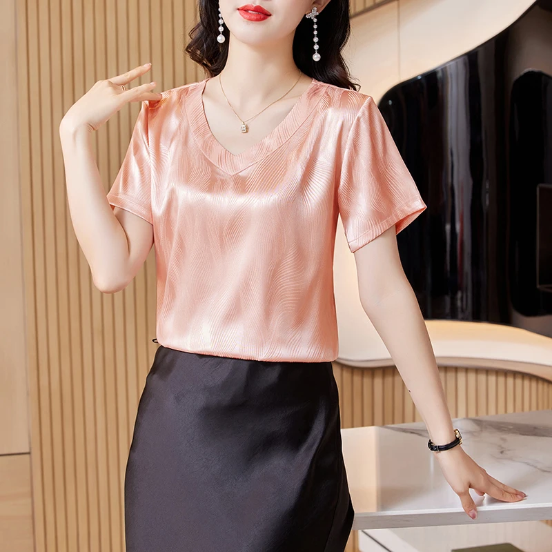 2024 브이넥 반팔 블라우스, 실크 새틴 블라우스, 한국 패션, 여름 신상