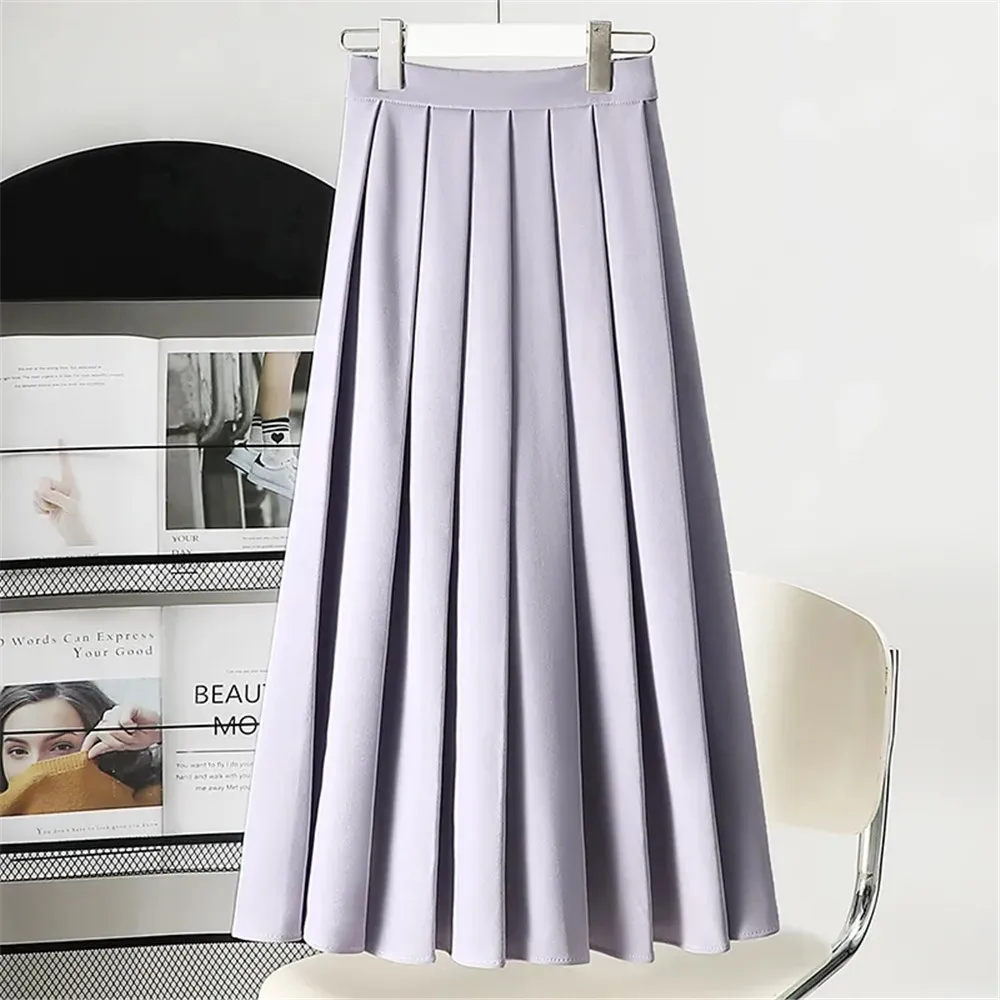 

Elegant High Waist Long Pleated Skirt Casual Women Summer Mid-Length Skirts Korean Purple A-Line Students Sweet Black White Saia