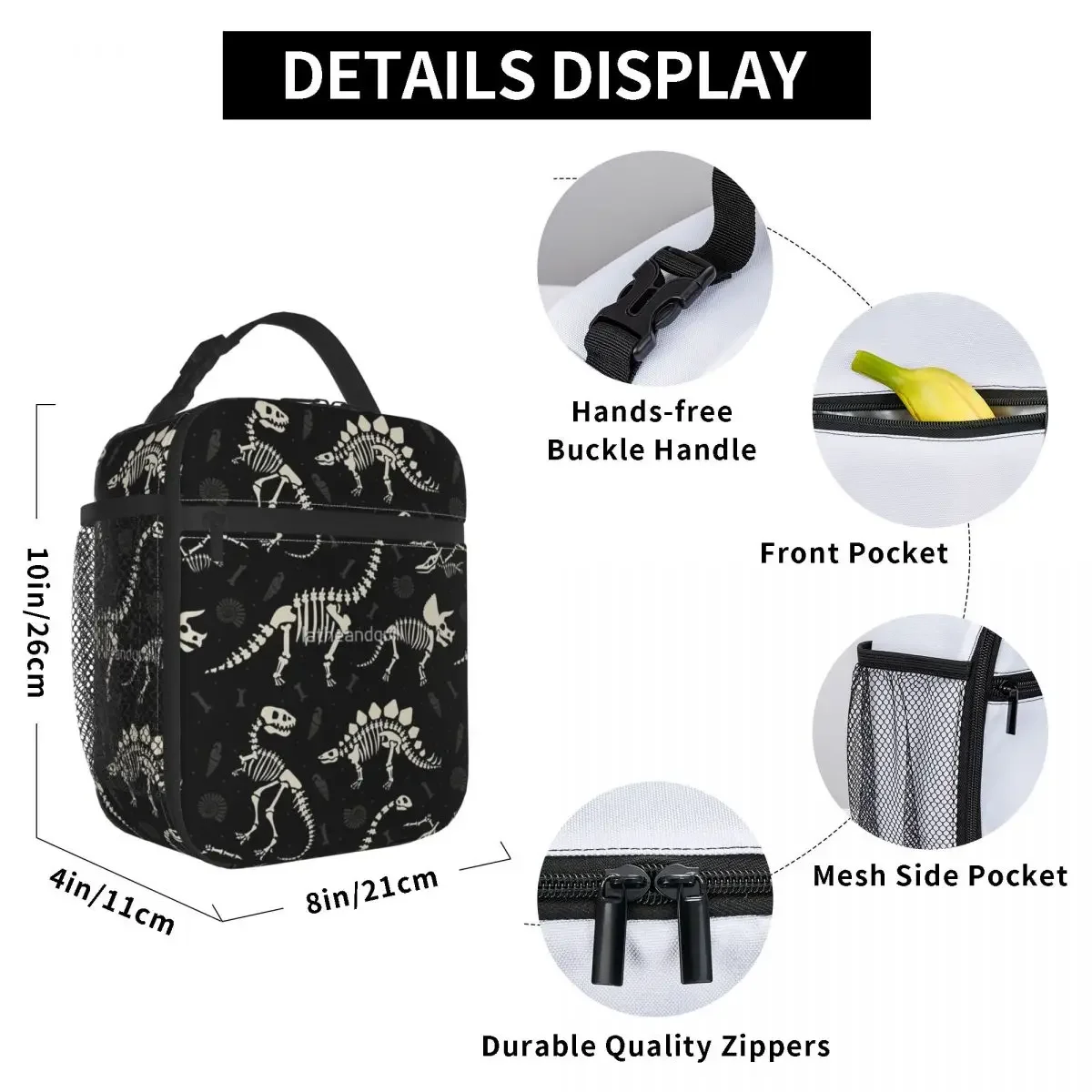 Dinosaur Fossils In Black Insulated Lunch Bag Trendy Durable Daily Customizable