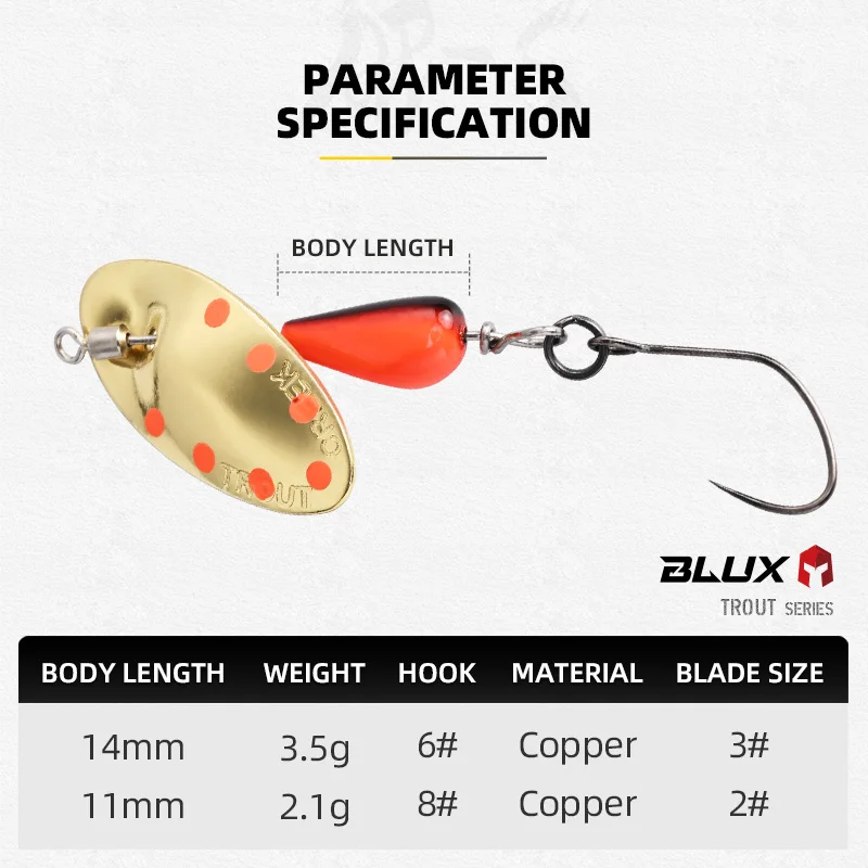 BLUX AR-S Rotating Spinner Metal Lure 2.1g/3.5g Single Hook Artificial Bait Copper Blade Spoon Stream Area Trout Fishing Lure