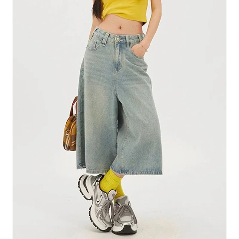 Summer Hot Sale Women Baggy Thin Jeans Girls Light Blue High Waist Capri Pants Lady Korean Solid Casual Denim Shorts