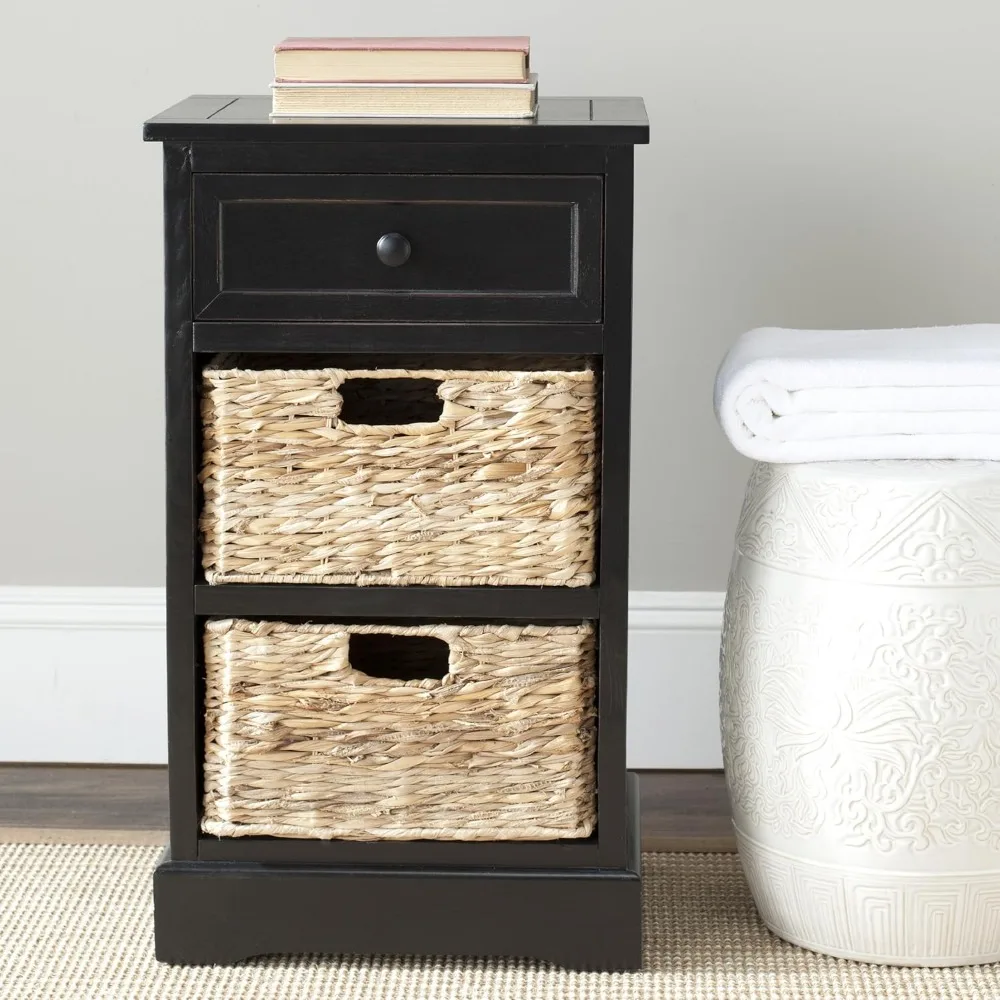 Distressed Black Wicker Nightstand with 3 Drawers - Fully Assembled Solid Pine Wood Side Table