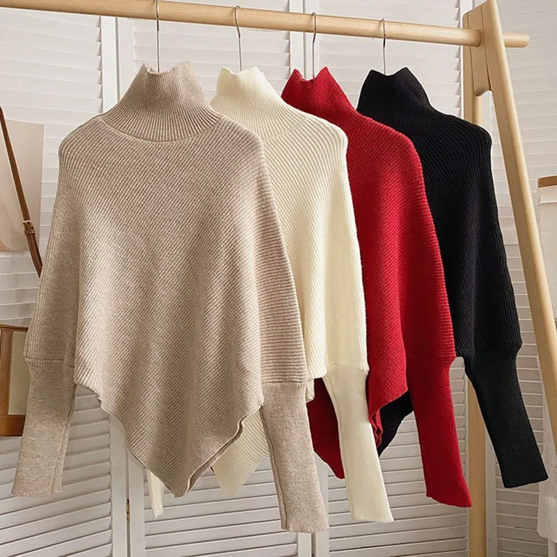 

Autumn Winter Women Fashion Irregular Loose Knit Sweater Vintage High Neck Long Sleeve Female Pullovers Chic Tops