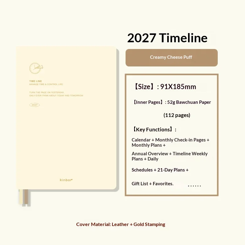 NEU 2027 Kinbor A5 Zeitleisten-Planer Notizbuch, 52g Bachuan-Papier, reine Farbe, eine Woche, 2 Seiten, effizientes Terminplaner-Buch, minimalistisches Design