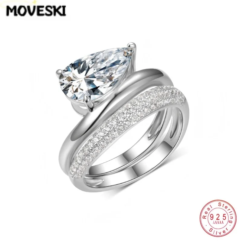 4CT Pear Cut Moissanite Ring Set 925 Sterling Silver Solitaire Stackable Rings Pave Band Two Piece Jewelry Set For Women