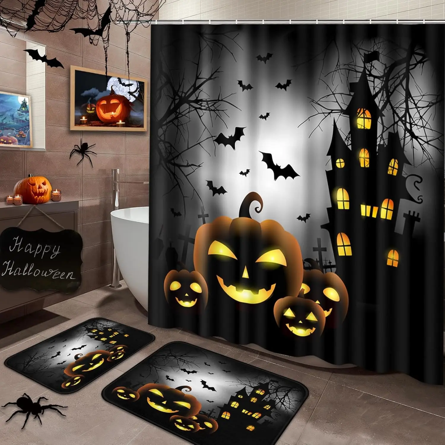 ArttoHalloween Pumpkin Bathroom Set with Shower Curtain and Rugs and Accessories, Fun Ghost Black Shower Curtain Set, Spooky
