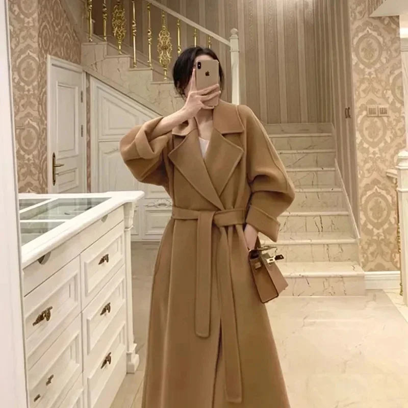 

Модное пальто из 100% шерсти с поясом, черное шерстяное длинное пальто для женщин, свободное пальто большого размера с лацканами, осенняя женская уличная верхняя одежда