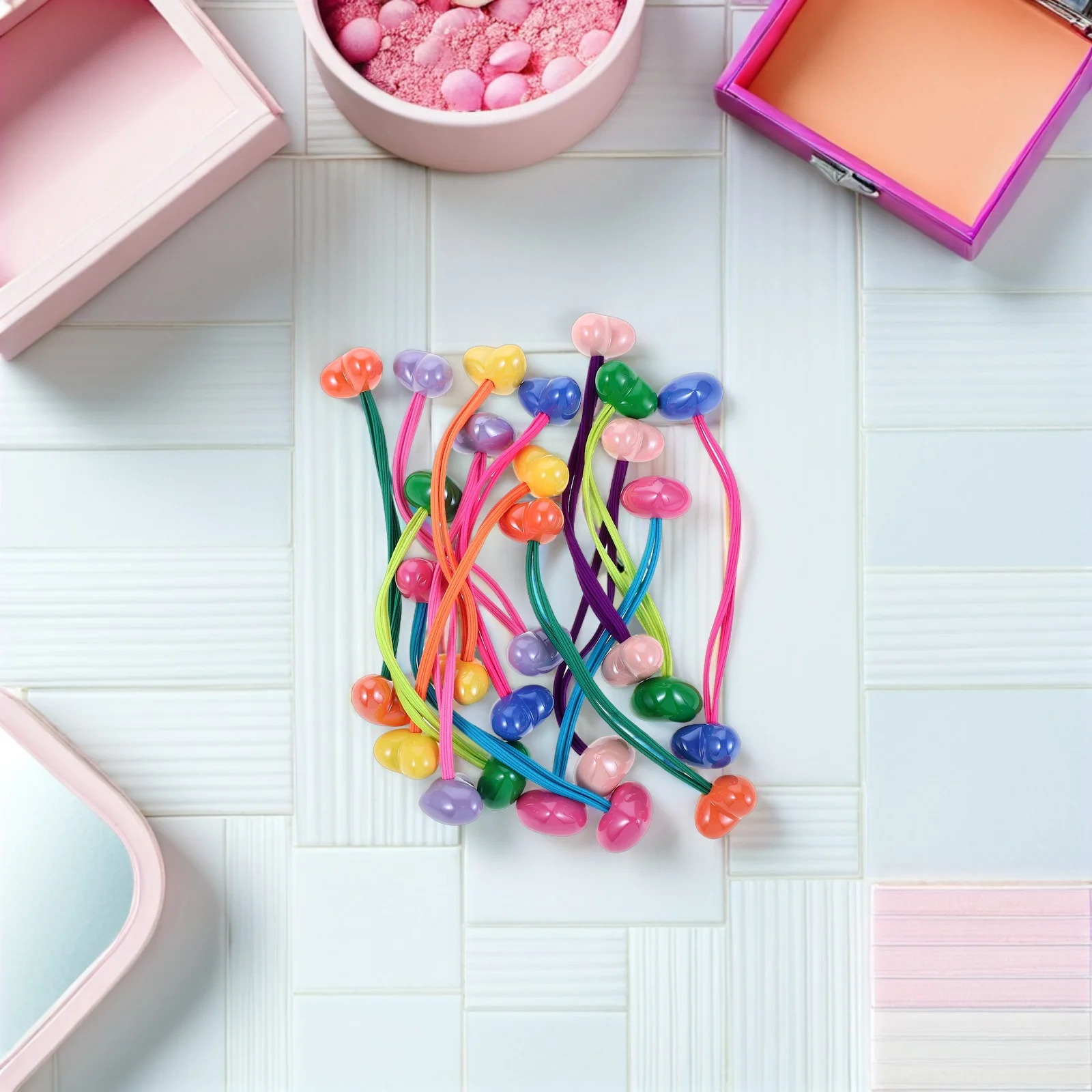 

7Pairs Candy Heart Hair Ties Colorful Double Heart Bead Band Ponytail Holders Hair Accessories for School Playdates