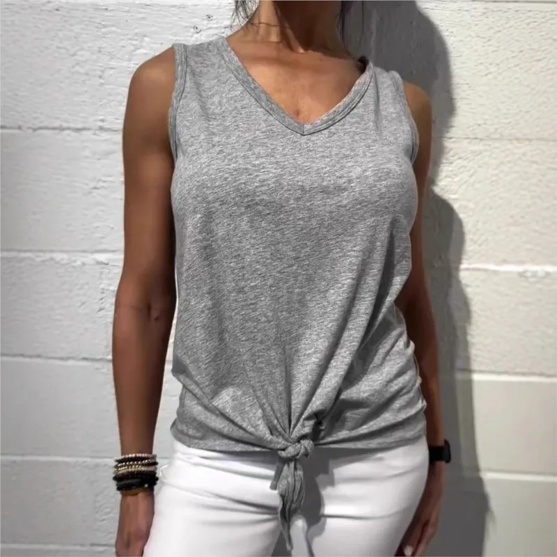 Women's casual sleeveless grey T-shirt Lace-up V-neck Solid Sports Night Run Summer Vest Home New Casual T-shirt Top Undershirt