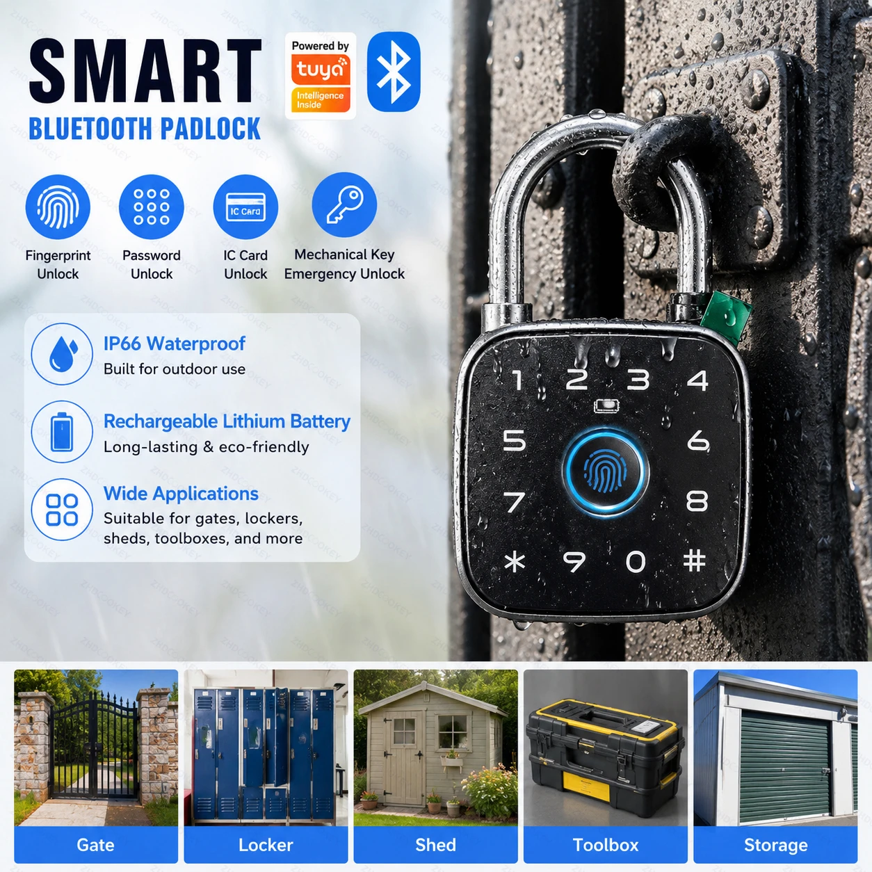 Smart Padlock Lock Waterproof Tuya Bluetooth Fingerprint APP Password Card Keys Rechargeable Battery for Backpack/Luggage/Locker
