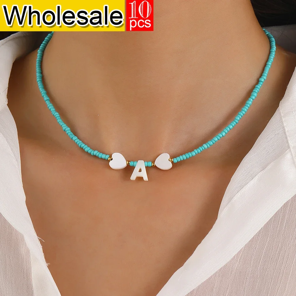 10PCS Bohemian Style Choker Neck Women Necklace Beike Initial Letter Cyan Rice Bead Necklaces Women's Jewelry Gift Wholesale