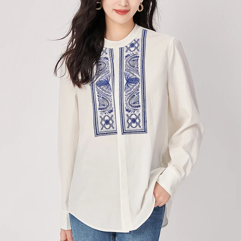 

Spring Women's White Shirt Elegant Shirts Vintage Blouses Women Embroidery Long Sleeve Loose Tops 44% Cotton Woman Casual Blouse