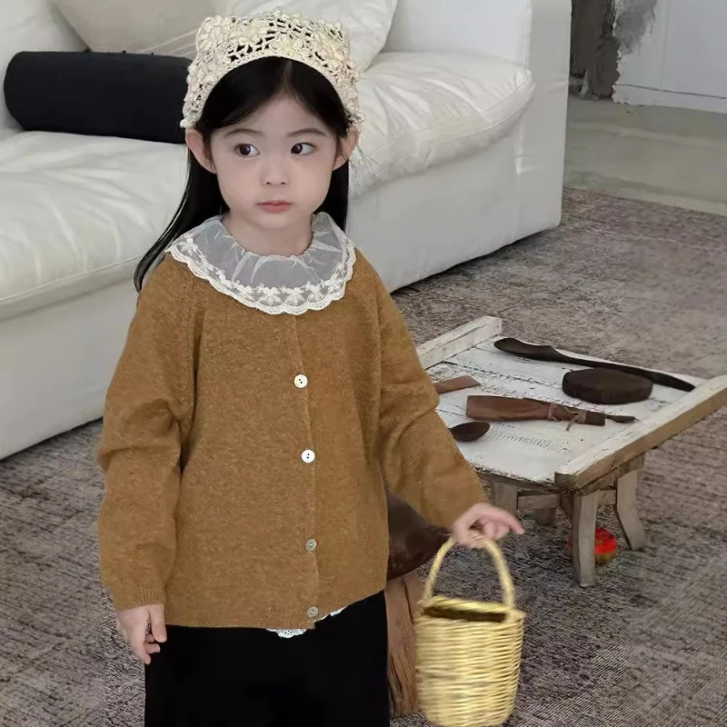 

2025 Autumn and Winter New Girls' Solid Color Versatile Warm Single Breasted Knitted Cardigan