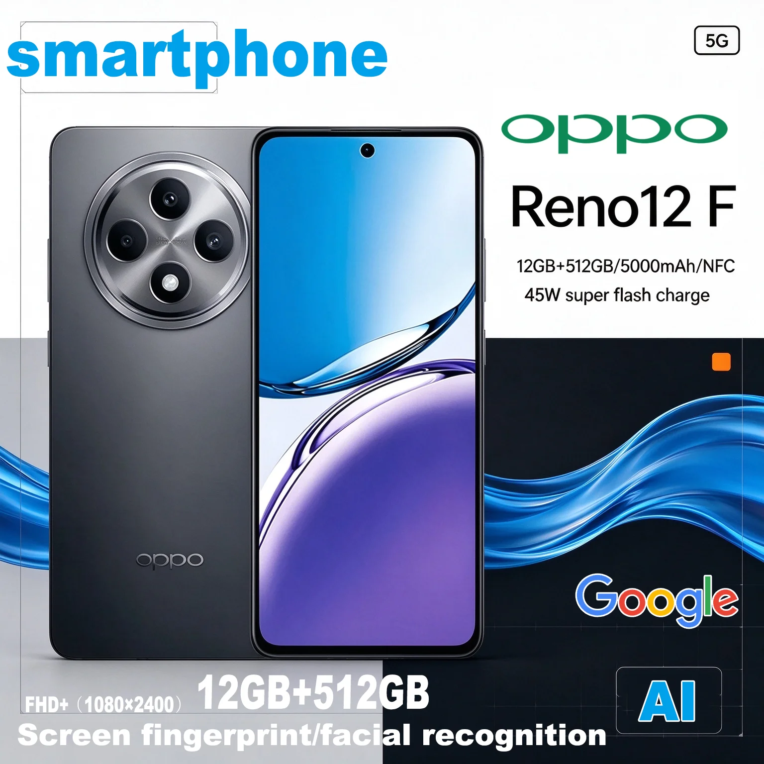OPPO Reno12 F 5G Smartphone,12GB+512GB,MediaTek Dimensity 6300,50MP Main Camera,5000mAh,45W Fast Charge,NFC,Android Phone