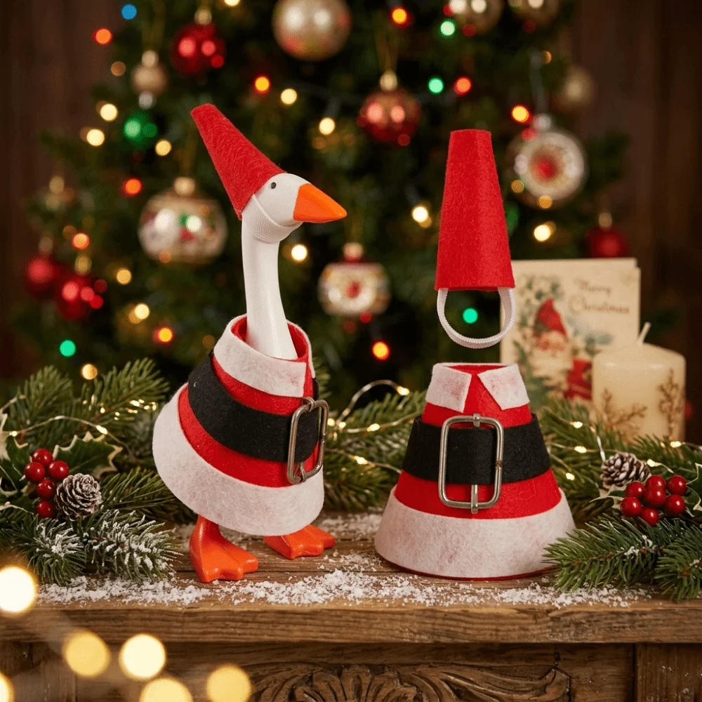 Fabric Goose Statue 7-Inch Christmas Tree Shaped Christmas Ornament Red And White Striped Scarf With Hat Holiday Decoration