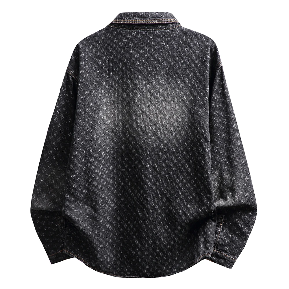 Men Loose Denim Shirt Jacquard Weave Cotton Jean Jacket Casual Vintage Blue Black Top Outerwear