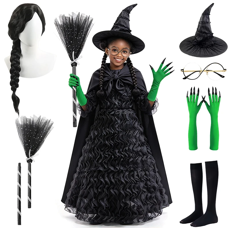 Halloween Disguised Child Ruffled Layered Wicked Witch Dress Up + Cape Cloak Carnival Party Role Play Masquerade Girls Outfits