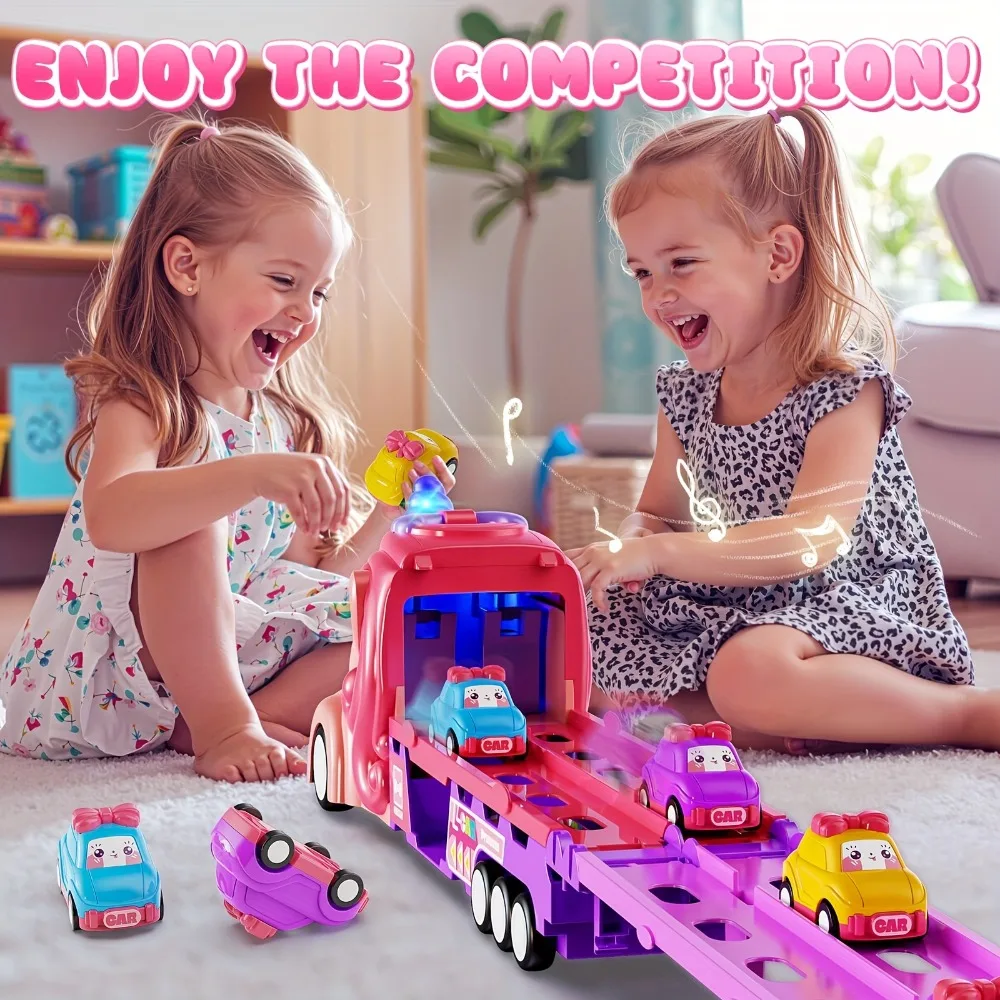لعبة سيارة شاحنة نقل وردية مع وضع مسار ممتد، تخزين قابل للطي، تأثيرات أضواء وموسيقى، تتضمن 6 سيارات صغيرة، لعبة أطفال