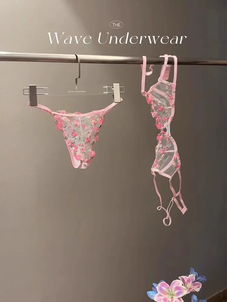 Vintage Französische Dienstmädchen-Sexy-Dessous, durchsichtiges Set mit Blumenstickerei, schwere Spitze, 32–38 AB, bequeme Unterwäsche in Übergröße MOYISU – Detail 8
