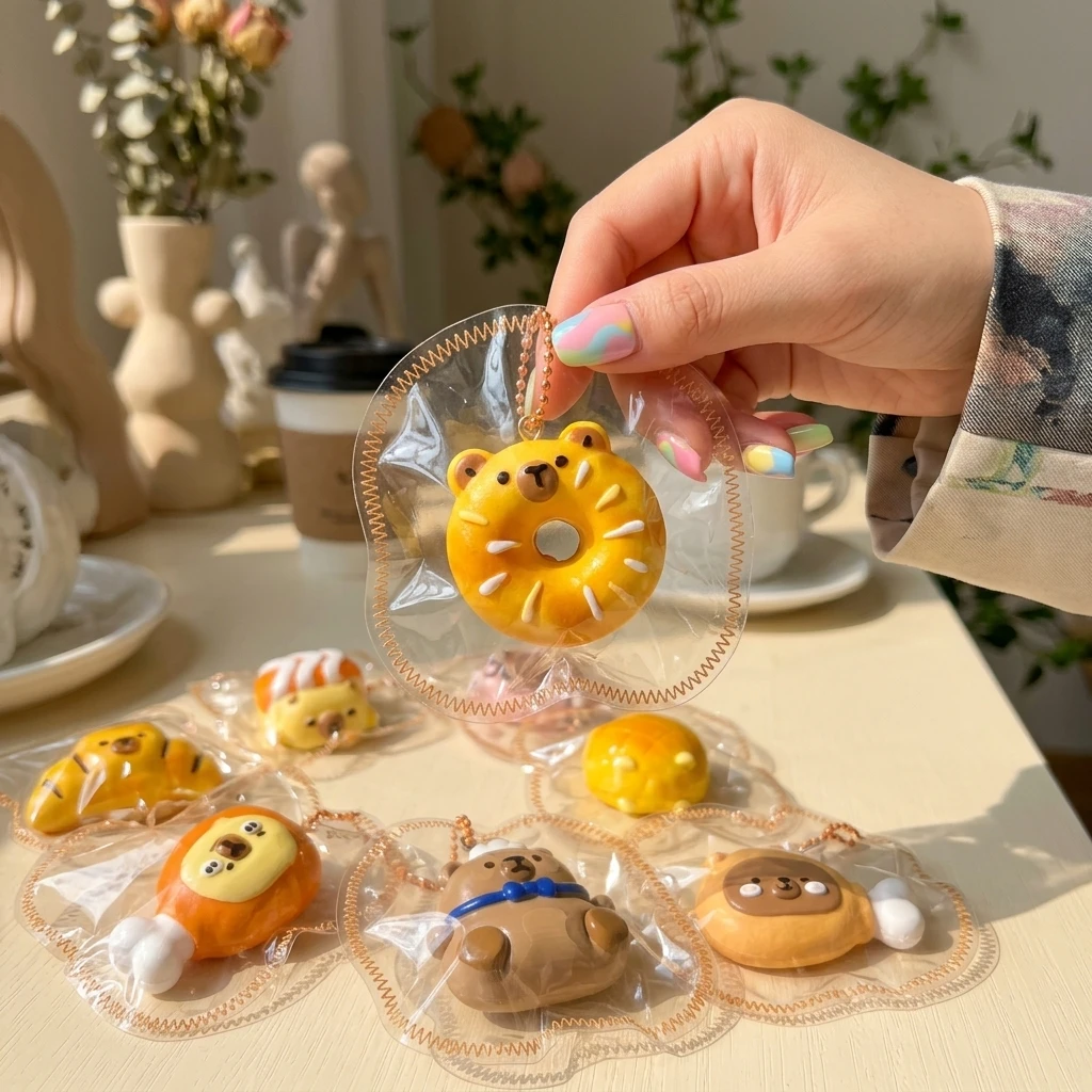 Cute Bear Food Squishy Keychain Slow Rising Squeeze Toy Kawaii Donut Bread Salmon Chicken Leg Bag Pendant Stress Relief Fidget