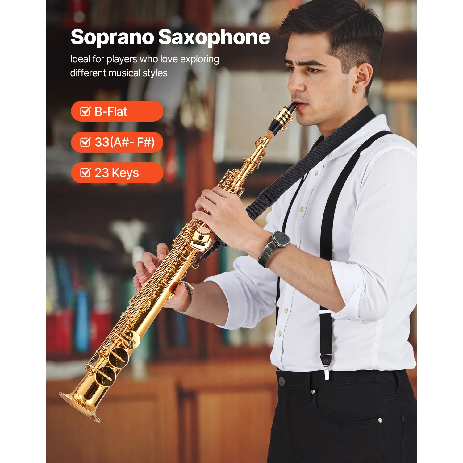 SucceBuy Straight Soprano Brass Saxophone B Flat 23 Keys, Mouthpiece, Cleaning Cloth Rod, Gloves, Neck Strap, Kit for Beginners
