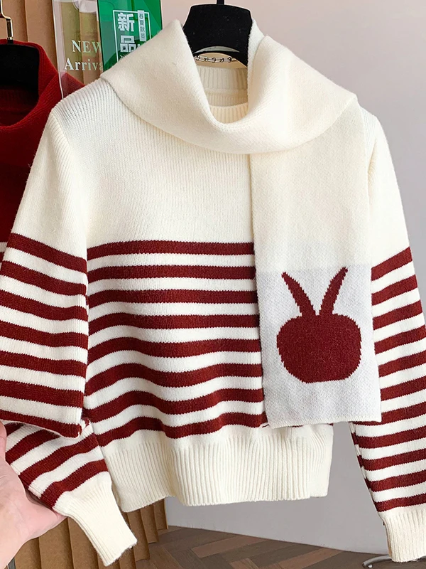 

Cute Thi Knitted Sweater Women's Winter Inner Wear Outer Wear Stripe Pattern Soft Cozy Fce Long Sve round Ne Top