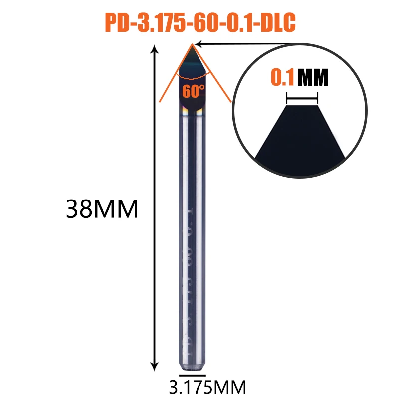Dreanique 1 Stück Hartmetall-Leiterplatten-Gravurbit mit flachem Boden, 3,175 mm Schaft, DLC-beschichtet, 30 60 90 Grad, 0,1 0,2 0,3 mm Spitze, V-Nut-Bit-Werkzeug