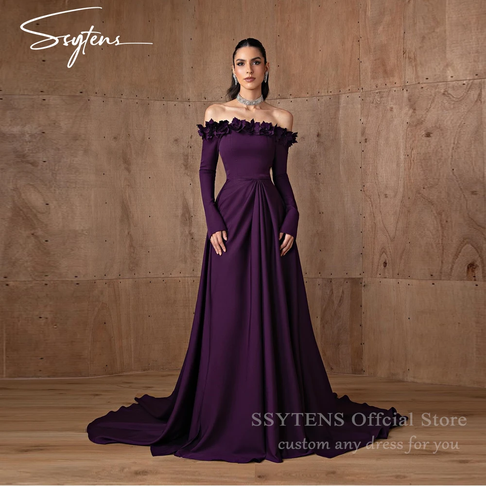 

SSYTENS Elegant Purple Evening Dresses Off The Shoulder Pleat Long Sleeves Prom Dress Flowers Celebrity Occasions Party Gowns