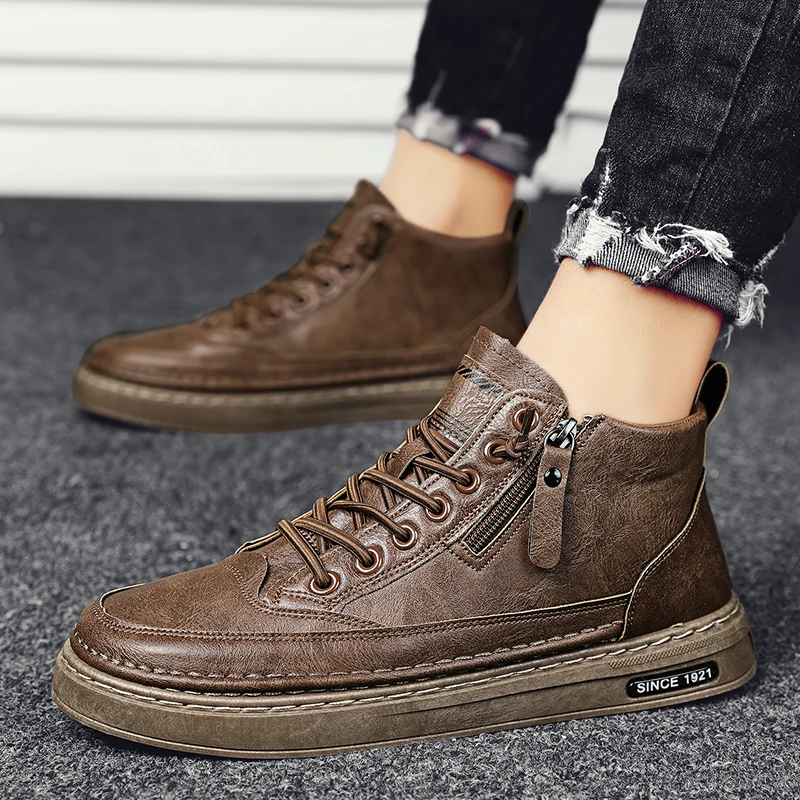 Bottes d'hiver en cuir montantes pour hommes, chaussures en coton, bottes de rinçage à la mode, chaussures d'affaires décontractées, baskets d'extérieur pour hommes, nouveau