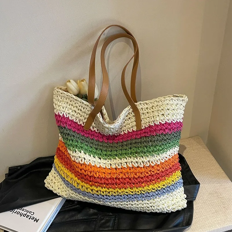 Woven bag women's new autumn and winter fashion contrasting color shoulder bag large capacity tote bag vacation commuter bag