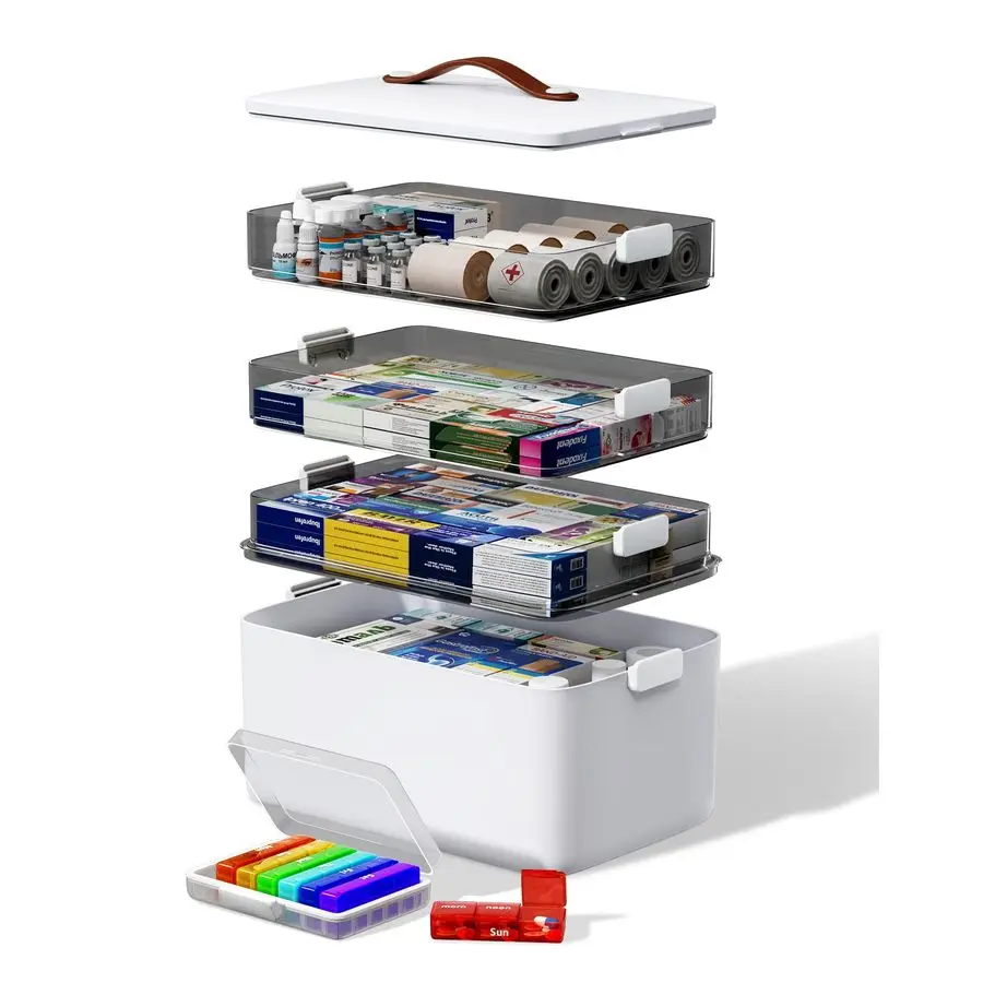Medicine Cabinet Organizer with Leather Handle, Empty Plastic First Aid Kit, Multipurpose Storage Box with A Portable Weekly Pil