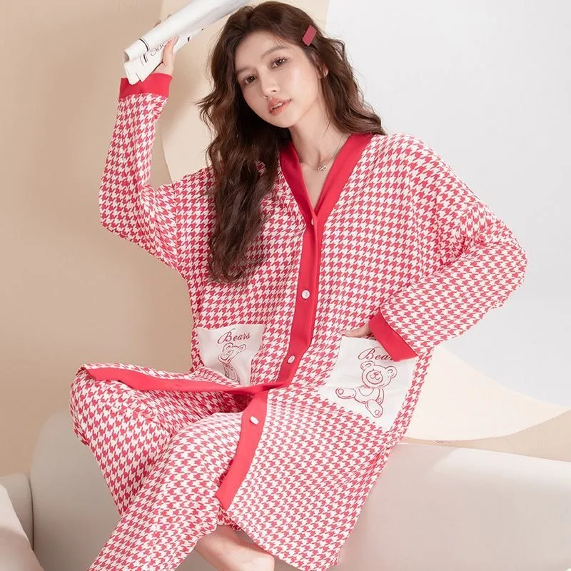 Ropa de dormir de algodón para mujer, cárdigan de manga larga de longitud media, conjunto de pijama suelto de talla grande, estilo coreano, ropa de estar por casa con pata de gallo