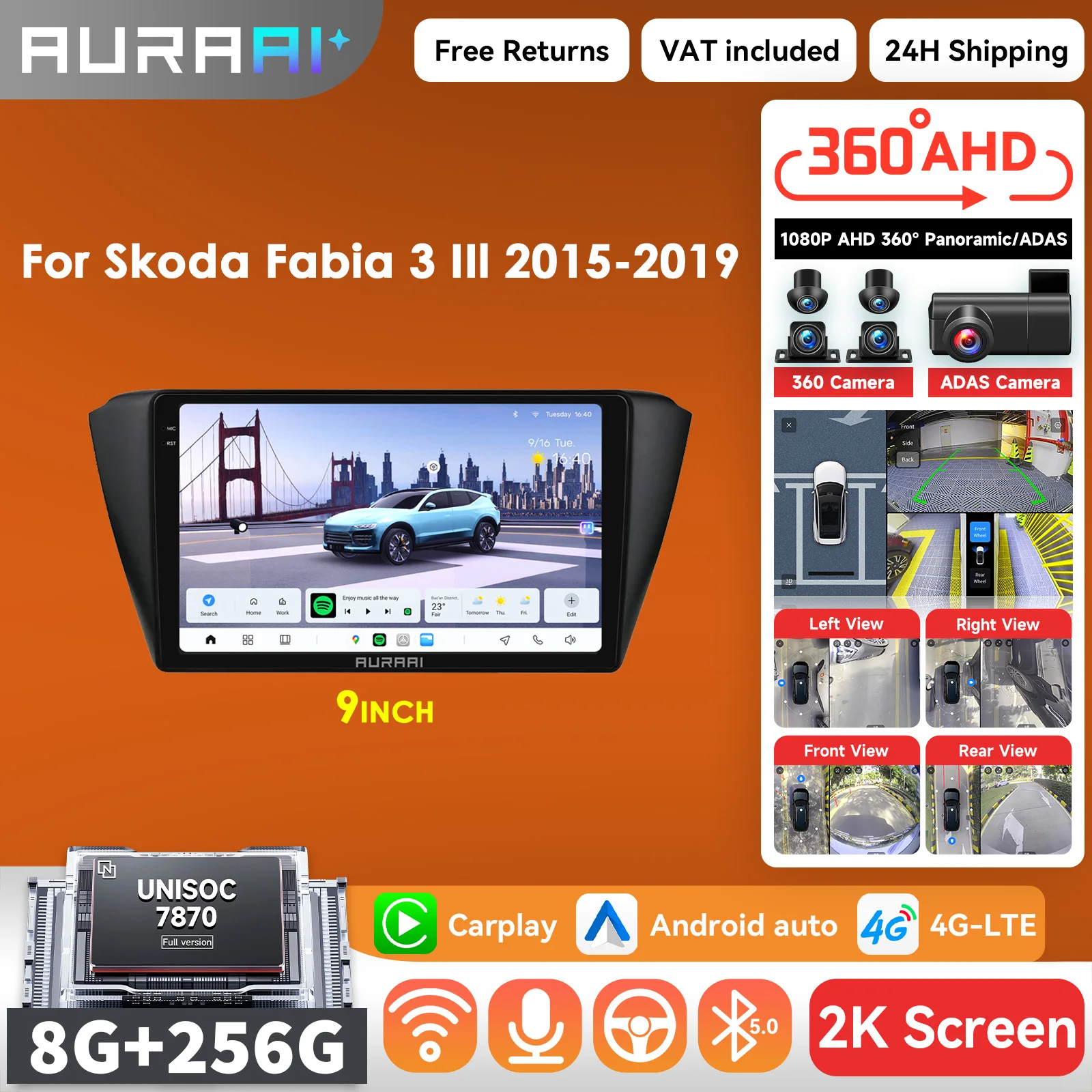 AURAAI 8 + 256G Carplay Android Autoradio Für Skoda Fabia 3 III 2015 - 2019 multimedia-player ADAS + 360 Cam 2K Intelligente Bildschirm