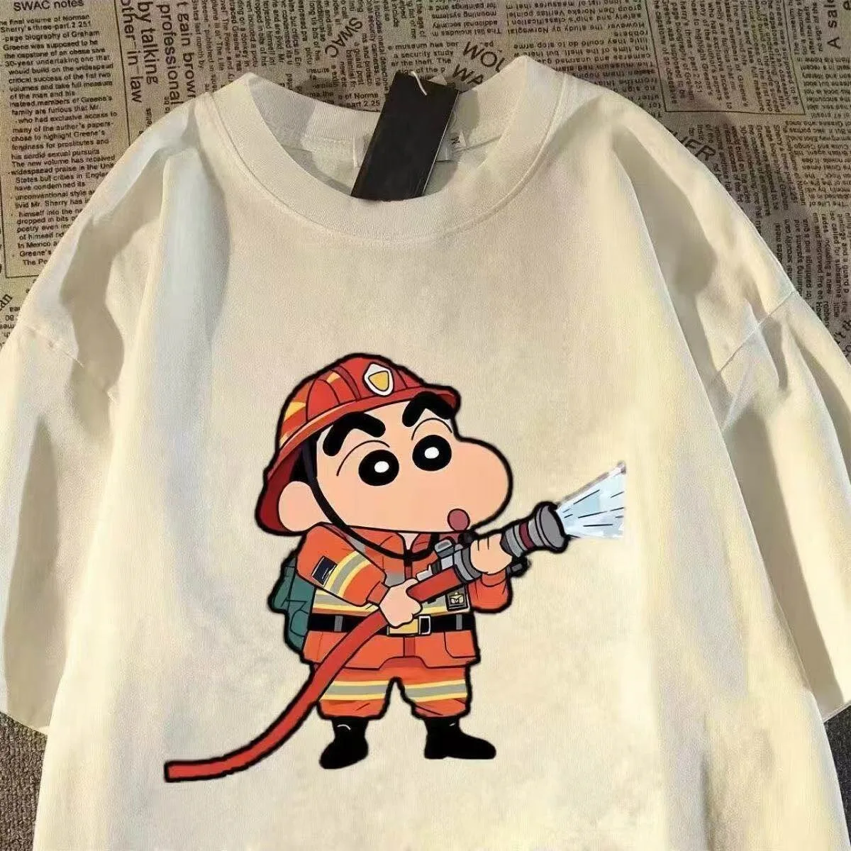 Crayon Shin Chan Firefighter Print Casual T Shirt Cute Anime Short Sleeve Tee for Men Women