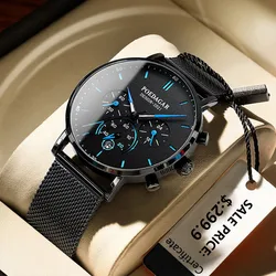 POEDAGAR Fashion Men Watch Chronograph Stainless Steel Mesh Quartz Men's Wristwatch Waterproof Luminous Date Sports Man Watches