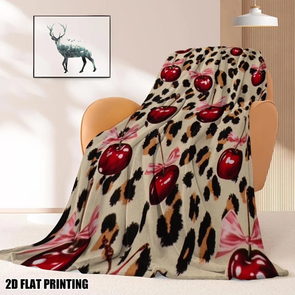 2D Flat Printing, 1pc Sweet Cool Individual Style Blanket, Printed with Bow And Cherry Leopard Pattern Background, Nap Blanket,