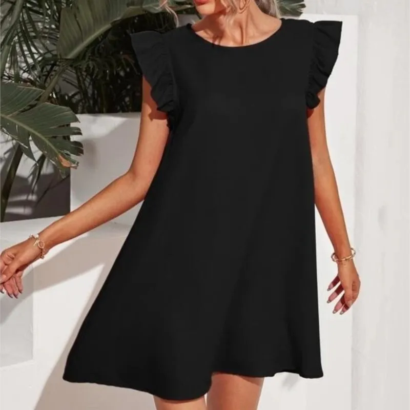 Vestido de playa de Color liso para mujer, minivestido informal holgado con manga con volantes, estilo bohemio, rosa, para vacaciones, novedad