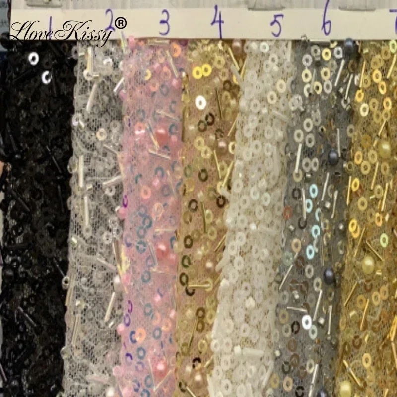 12 colori disponibili nuove perline ricamate a rete + tessuto con paillettes 3MM per abiti da sera da sposa tessuto ricamato con perline larghezza 125CM