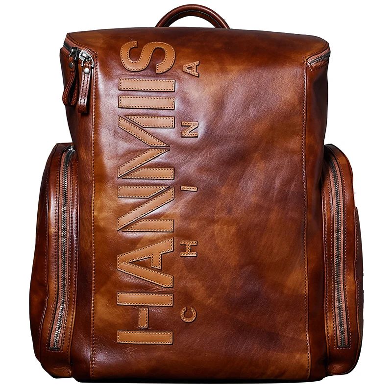 3D Lettering Genuine Leather Men Backpack Laptop Shoulder Bucket Bag Male Travel Backpacks Retro First Layer Leather 2025 New