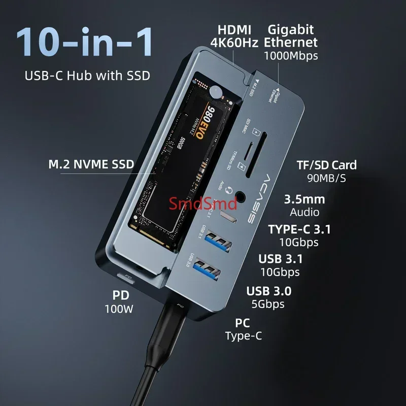 10-in-1 Docking Station&M.2 NVMe Enclosure with HDMI 4K60Hz 100W PD 1Gbps RJ45 USB-A Ports for MacBook Pro/Air Windows PC